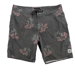 Brixton Shorts Mens 34 Black Hawaiian Hula Print Boardshorts Swim Surf BRXTN